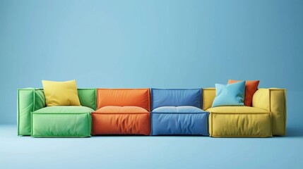 Fototapeta premium A colorful modular sofa with green, orange, blue, and yellow sections against a light blue background