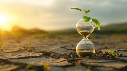 Hourglass with water dripping onto a plant in dry soil, metaphorically representing water conservation, drought, and climate change