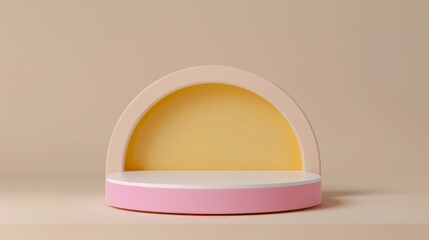 Minimalist pastel-colored geometric shelf with a semi-circular design, featuring soft pink, beige, and yellow tones