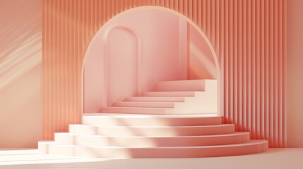 Obraz premium A minimalist, pastel-colored architectural interior with a curved staircase and archway. The design features soft pink hues and clean lines, creating a serene and modern atmosphere