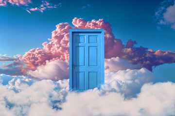 Fototapeta premium A closed blue door is open in the sky, surrounded by fluffy clouds.