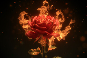 red rose on black, A 3D render illustration depicts a red rose surrounded by flickering flames, standing boldly against a deep black background