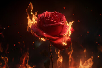 red rose on fire, A 3D render illustration depicts a red rose surrounded by flickering flames, standing boldly against a deep black background