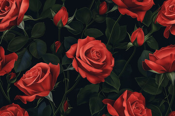 red roses on black, A beautiful seamless pattern showcases vibrant red roses on a striking black background, creating a visually captivating design