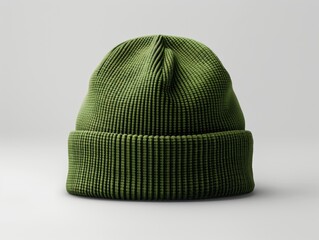 A blank green beanie hat is showcased against a pristine white background for design mockup purposes.