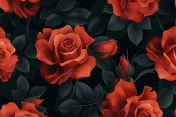 red roses on black, A beautiful seamless pattern showcases vibrant red roses on a striking black background, creating a visually captivating design