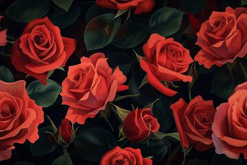 red roses background, A beautiful seamless pattern showcases vibrant red roses on a striking black background, creating a visually captivating design