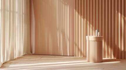 Obraz premium A minimalist bathroom with a modern, cylindrical sink and textured walls. The room is bathed in natural light from a large window with sheer curtains