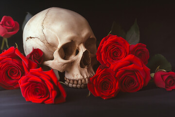 skull and rose,A captivating Vanitas composition features a human skull surrounded by vibrant red roses, isolated against a dramatic black background
