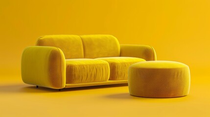 A modern yellow sofa with a matching round ottoman on a yellow background