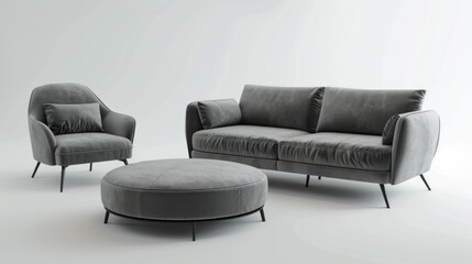 A modern living room set featuring a gray sofa, an armchair, and a round ottoman. The furniture has a minimalist design with sleek lines and black legs, set against a plain white background