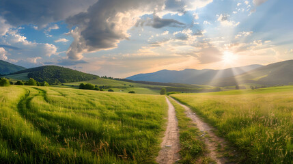 Obraz premium Beautiful summer mountain rural landscape Panorama of summer green field with dirt road and Sunset cloudy sky : Generative AI