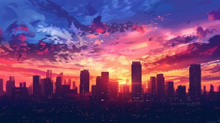 Fototapeta premium stunning sunset cityscape urban skyline silhouette against vibrant sky atmospheric evening scenery digital painting