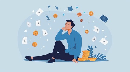 Vector illustration of a depressed man pondering over various personal and financial problems