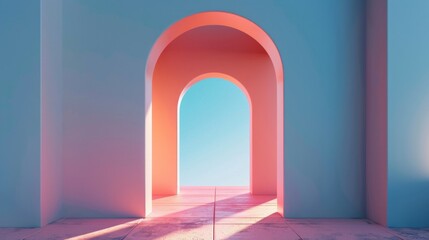 A serene architectural scene featuring two large, arched doorways. The walls are painted in soft pastel colors, with a gradient from blue to pink. The floor is smooth and light-colored