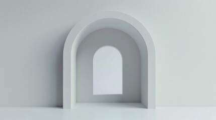 A minimalist architectural design featuring a white archway and a smaller arched window. The background is a smooth, light gray, creating a serene and modern aesthetic. The scene emphasizes simplicity