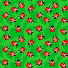 Beautiful red ladybugs on a bright green background. Seamless natural pattern, print, vector illustration