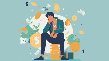 Vector illustration of a depressed man pondering over various personal and financial problems