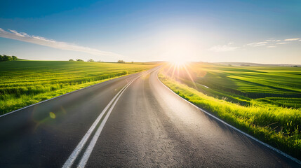 Fototapeta premium Country road and green wheat fields natural scenery at sunrise : Generative AI