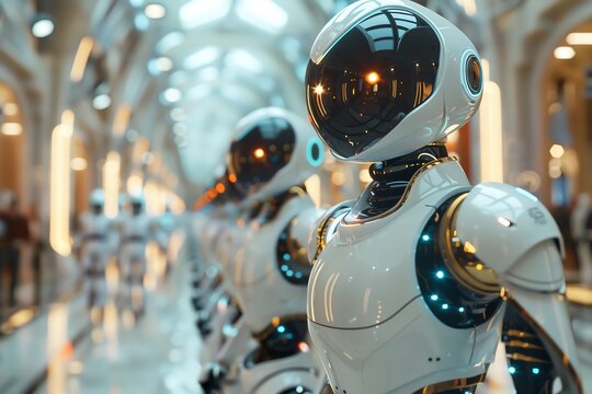 Conjure the elegance of a futuristic ballroom, where robots and humans dance in harmony