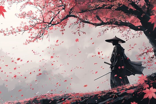 Convey the quiet strength of a lone samurai standing against a backdrop of falling cherry blossoms
