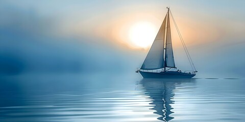 Fototapeta premium Sailboat with sails open against misty sunrise on calm waters. Concept Sailboat Photography, Sunrise Captures, Misty Atmosphere, Water Reflections, Serene Morning