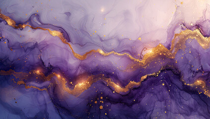 Purple and gold alcohol ink pattern with wave design in the style of an Asian artist. Created with Ai