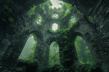 Illuminate the mysterious beauty of an abandoned castle, where ivy creeps over weathered stone walls