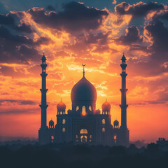 mosque at sunset with colorful evening view
