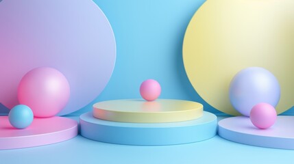 A colorful abstract composition featuring three circular platforms in pastel colors (pink, blue, yellow) with spheres of varying sizes and colors (pink, blue, purple) arranged on them