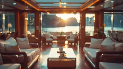 Fototapeta premium selective focus luxurious blur view living room on cruise ship voyage with river or ocean coastal view, Generative Ai