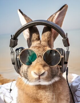 Gros plan d'une tete de lapin portant un casque musical et des lunettes de soleil_