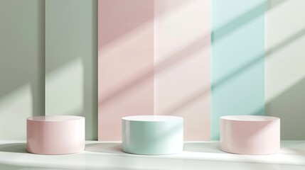 Three pastel-colored cylindrical podiums in a minimalist setting with soft shadows