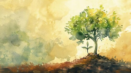 tiny mustard seed sprout growing from ground with majestic tree in background watercolor illustration of faith