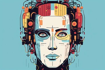 Artificial intelligence portrait flat design front view robotic theme cartoon drawing Analogous Color Scheme