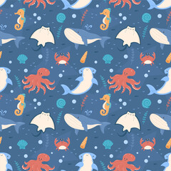 Sea animals seamless cartoon blue pattern. Background pattern with crab, whale, octopus, shark, stingray, seahorse