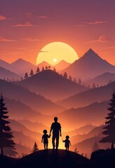 Fototapeta premium A man and children holding hands with mountains in the background vector art illustration