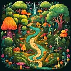 Fairy tale forest flat design top view enchanted theme cartoon drawing vivid