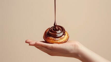 womans hand holding palmier pastry with pouring chocolate from top of the image, ivory background