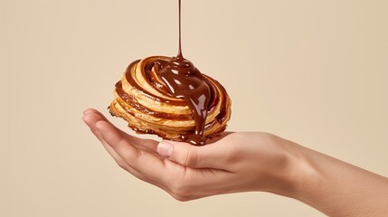 womans hand holding palmier pastry with pouring chocolate from top of the image, ivory background