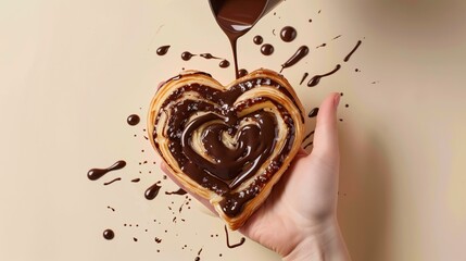 womans hand holding palmier pastry with pouring chocolate from top of the image, ivory background