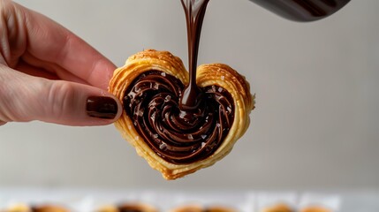 womans hand holding palmier pastry with pouring chocolate from top of the image, ivory background