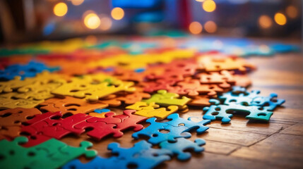 Close up of colorful puzzles on the floor in kids' room. Puzzles as symbol for autism spectrum disorder. Autistic children