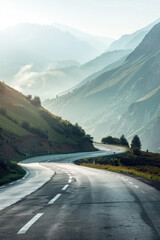 A long road in the mountains, winding around and up to mountain peaks