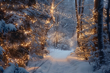 A magical winter forest transformed into a wonderland of enchantment, with snow-covered trees adorned with twinkling fairy lights, casting a warm and inviting glow amidst the frosty landscape.