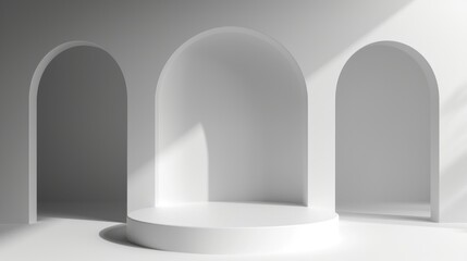 Minimalist white interior with arched doorways and a round platform