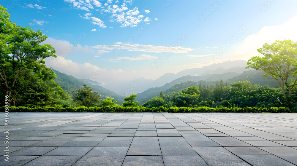 Poster empty square floor and green forest with mountain scenery under blue sky : generative ai