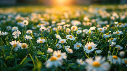 Many yellow and white daisies scattered across the grass