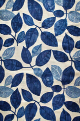 blue and white simple geometric leaves pattern on linen, symmetrical