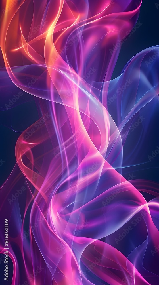 Poster flowing neon ribbons in dynamic motion creating an eye catching background for product display conce